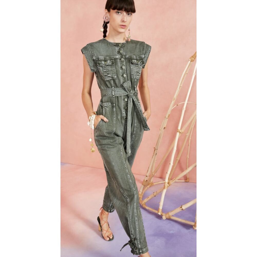 Ulla Johnson Adair Belted Acid Wash Sleeveless Denim Jumpsuit Army Green size 4